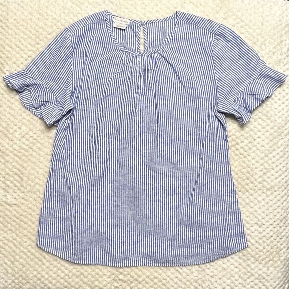 Van Heusen Blue White Stripe Linen Blend Blouse M Short Sleeve Ruffle Top